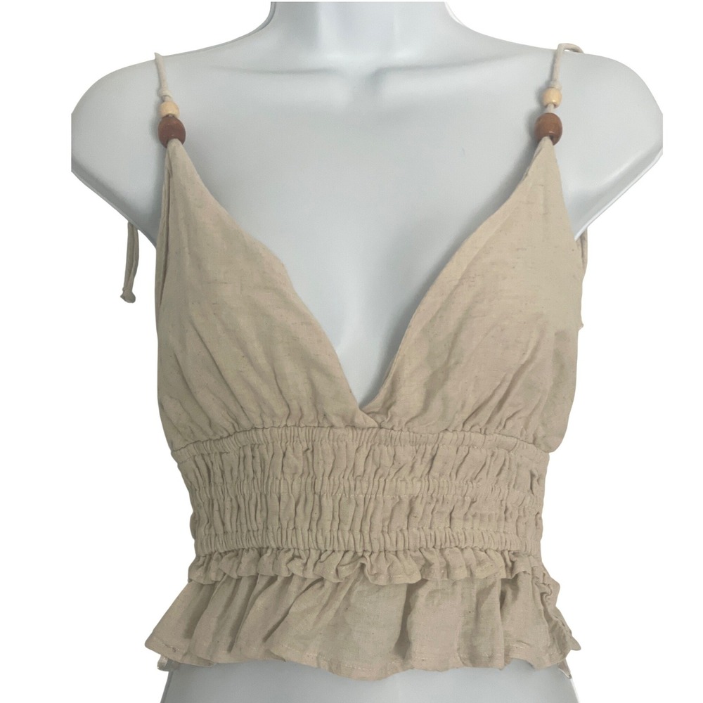 Sim & Sam Womens Crop Top Smocked Beaded Straps Small Beige Boho Beach Festival